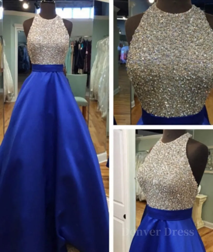 A Line Round Neck Sequins Backless Royal Blue Prom Dresses Royal Blue Formal Dresses Backless Royal Blue Evening Dresses