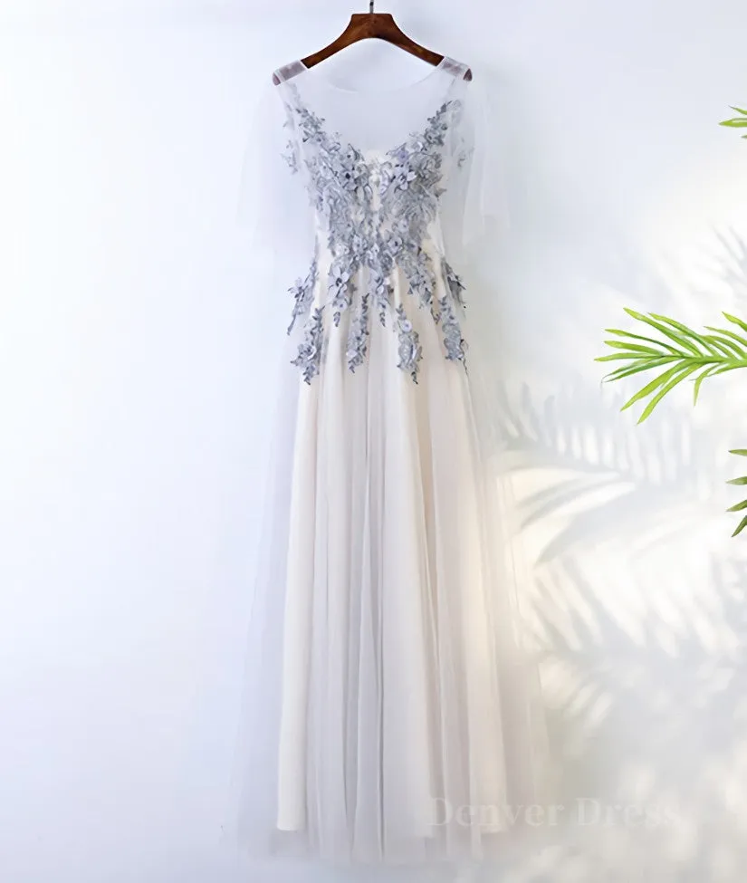 A Line Round Neck Short Sleeves Lace Prom Dresses With Appliques Lace Formal Dresses