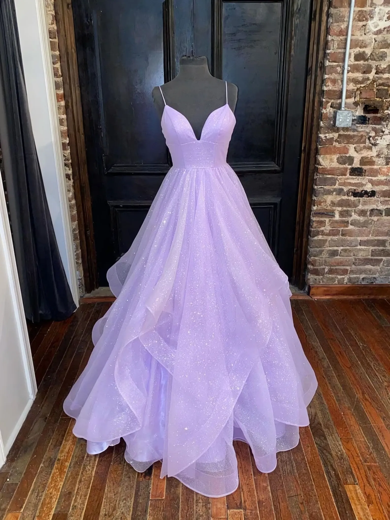 A Line V Neck Shiny Purple Long Prom Dresses Shiny V Neck Purple Formal Evening Dresses