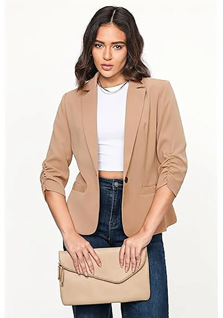 Beige LookbookStore Women's Crop Sleeves Side Pockets Front Button Short Work Office Blazer Coats