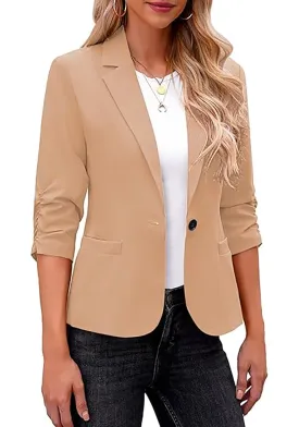 Beige LookbookStore Women's Crop Sleeves Side Pockets Front Button Short Work Office Blazer Coats