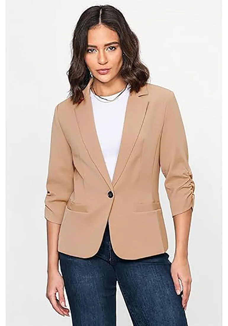 Beige LookbookStore Women's Crop Sleeves Side Pockets Front Button Short Work Office Blazer Coats