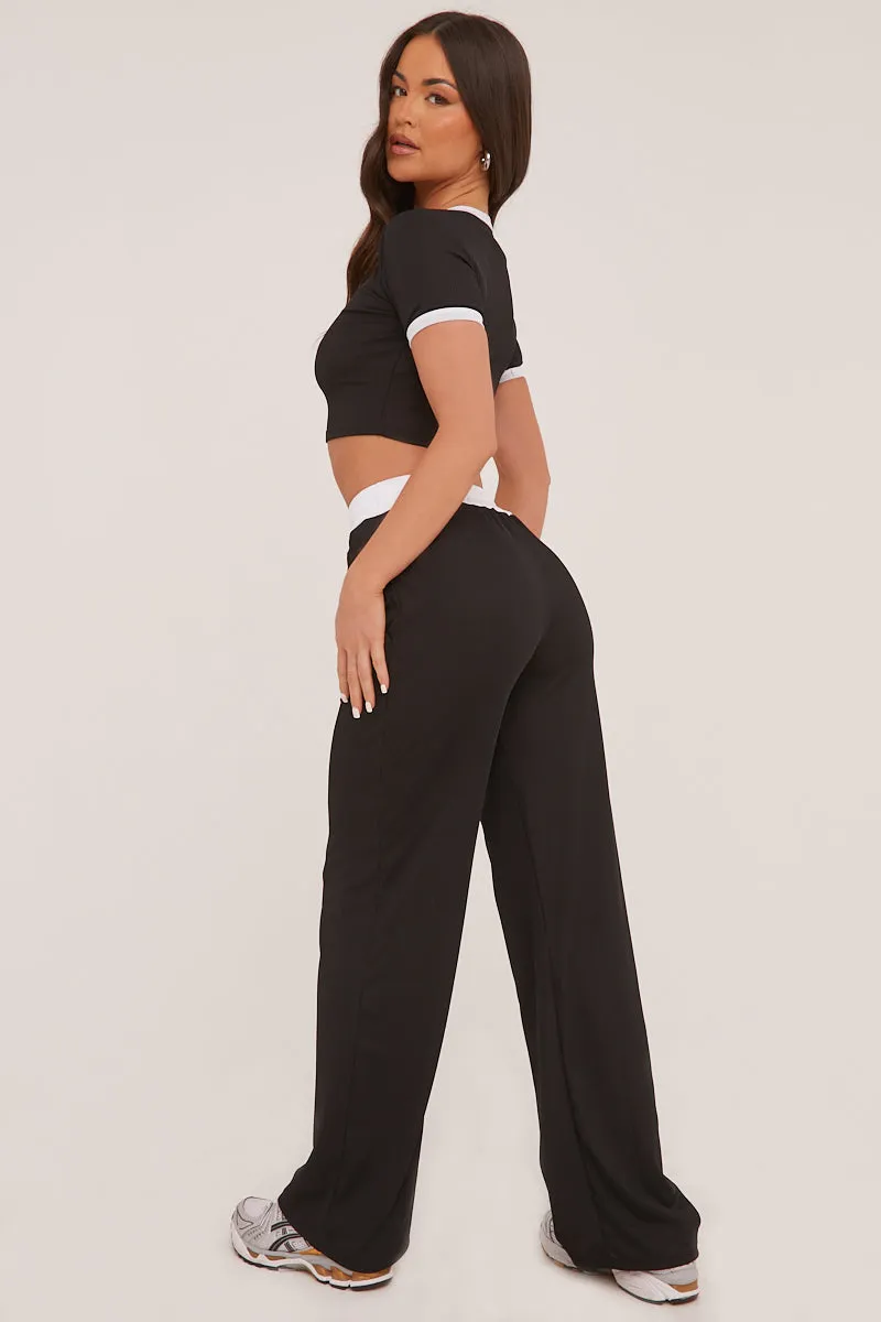 Black Contrast Binding Cropped Top & Wide Leg Trousers Co-ord Set - Kloni