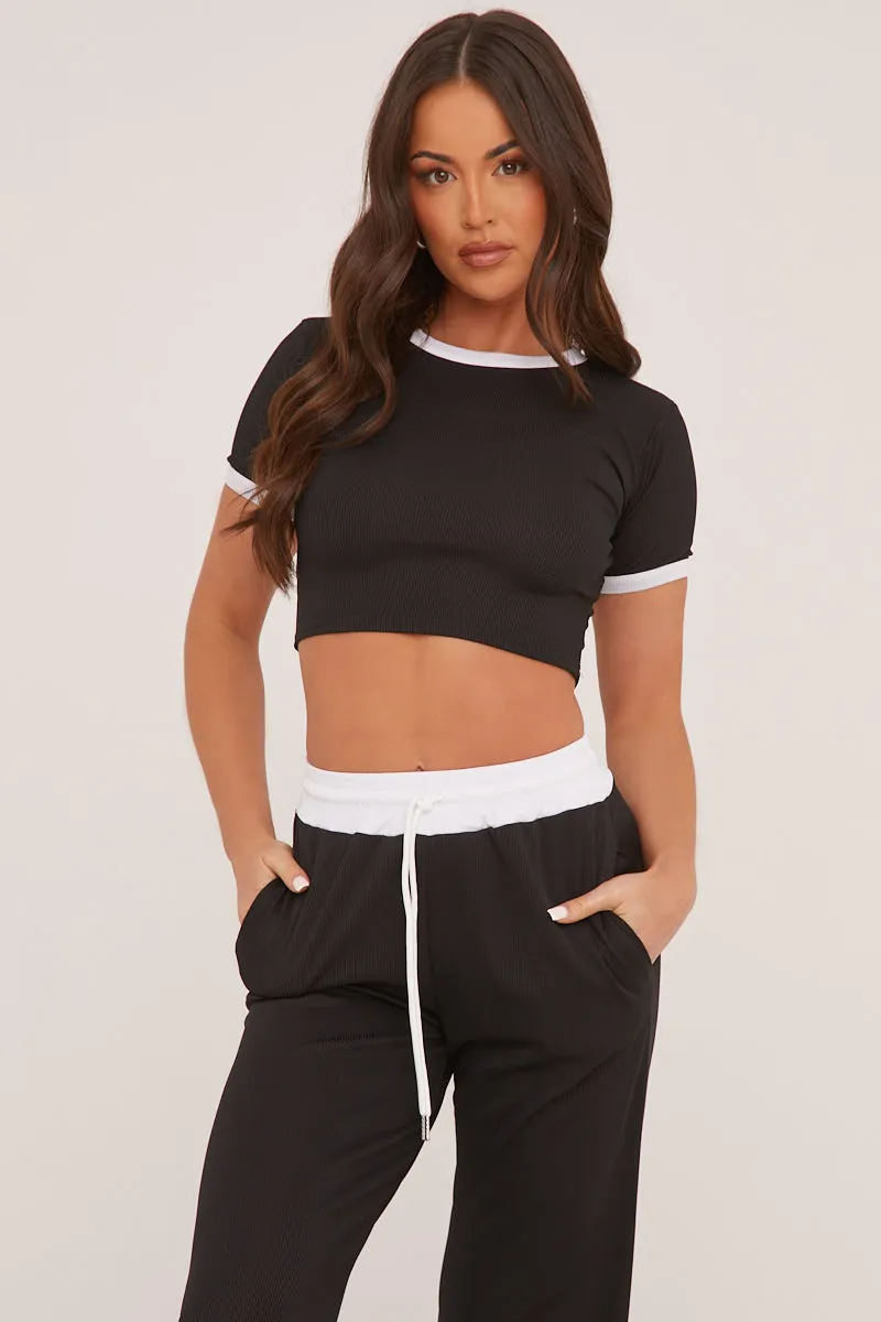 Black Contrast Binding Cropped Top & Wide Leg Trousers Co-ord Set - Kloni