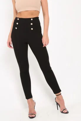 Black Gold Button Front Skinny Trousers - Aivy