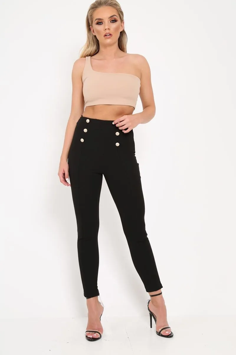 Black Gold Button Front Skinny Trousers - Aivy