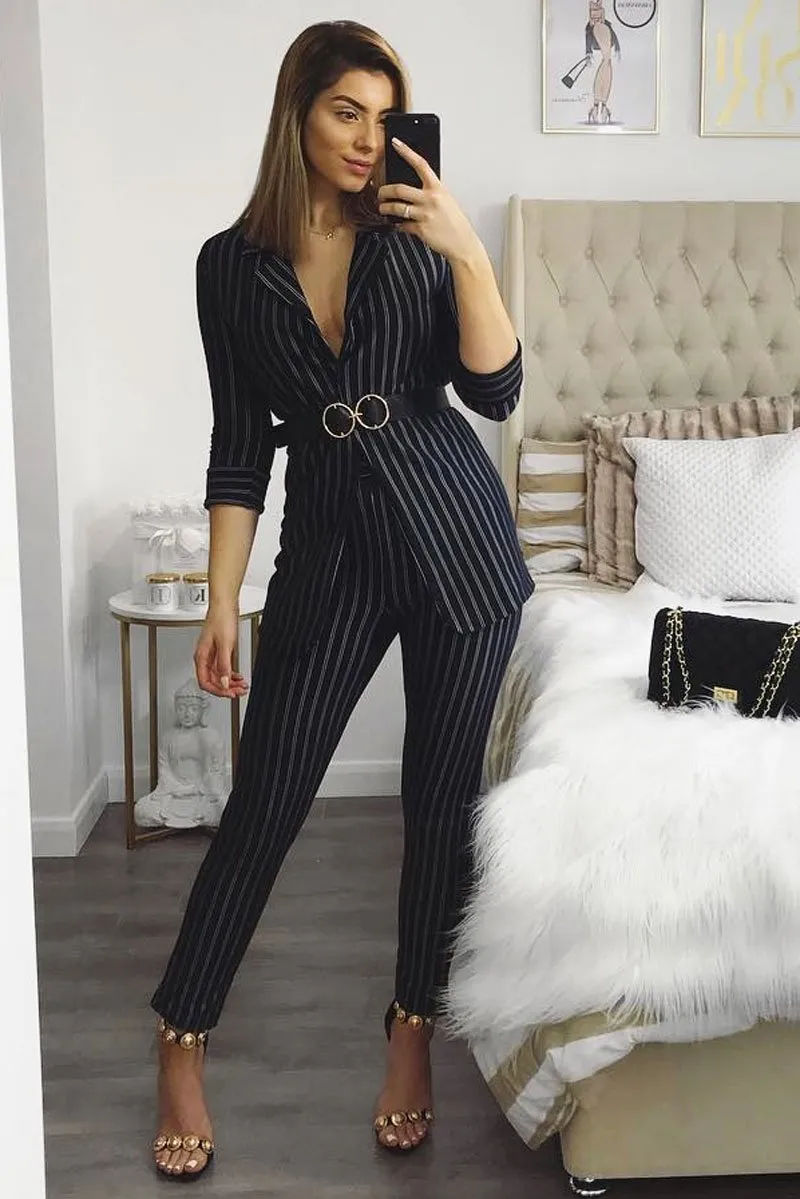 Black High Waist Striped Trousers - Savina