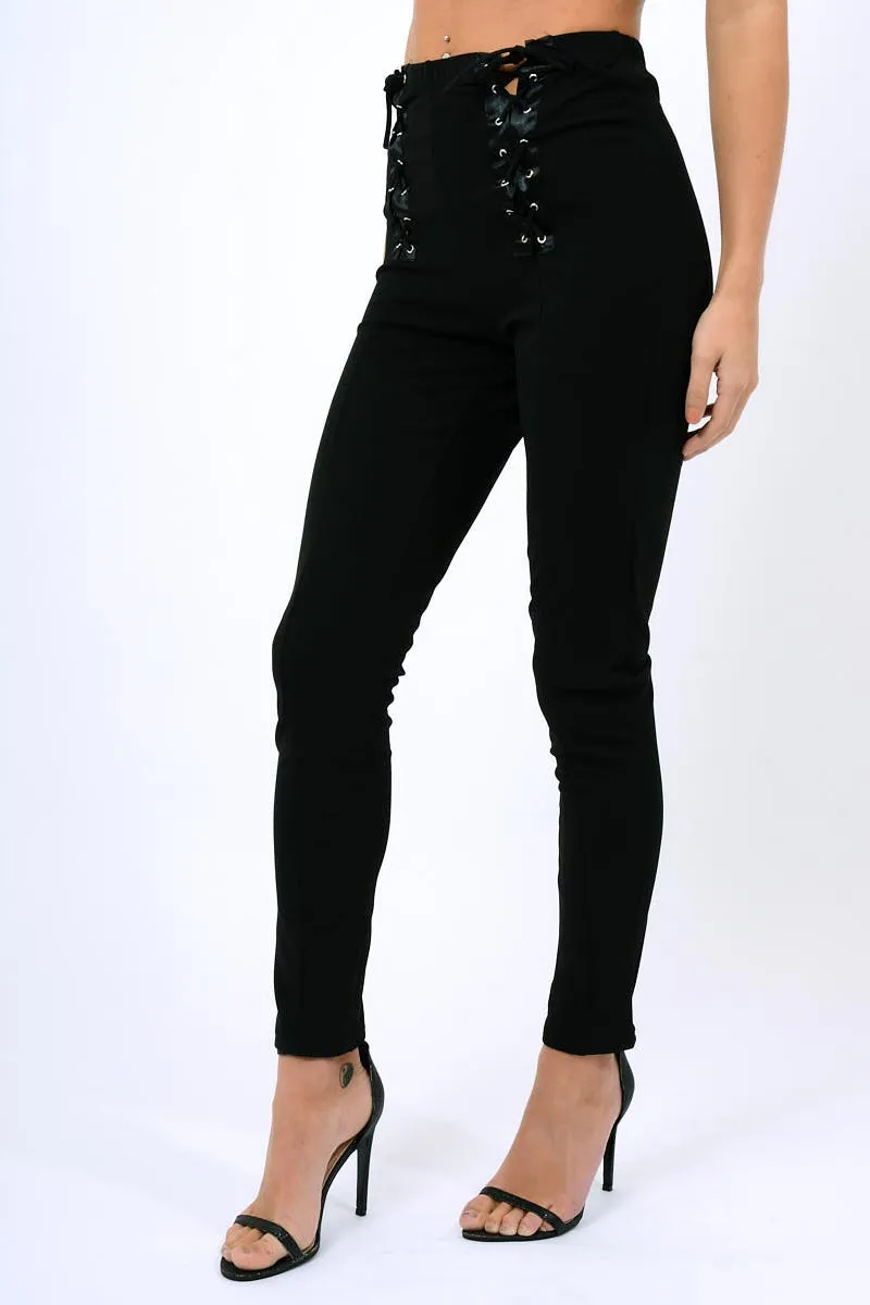 Black Lace Up Front Trousers - Zia