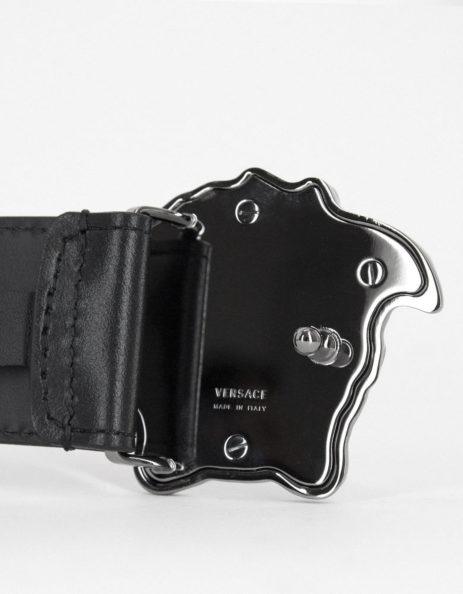 Black Leather Silver Medusa Buckle Belt