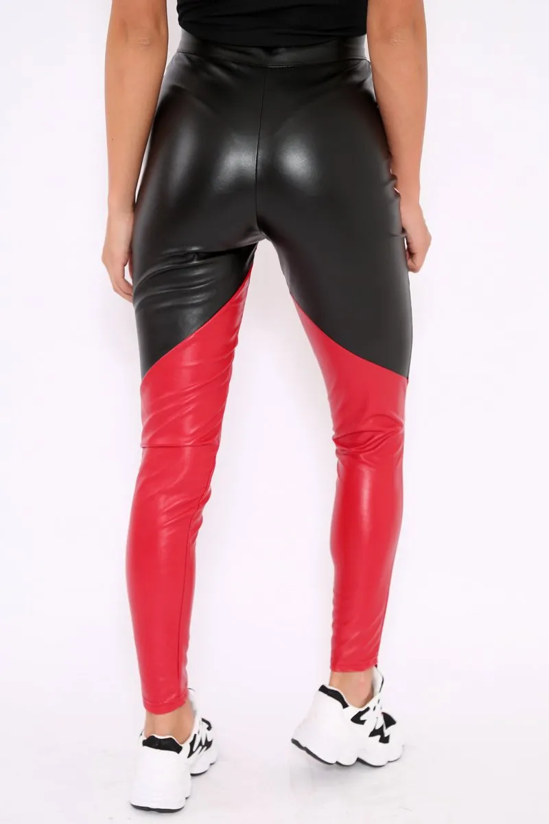 Black Red and White Contrast Faux Leather Trousers - Pax