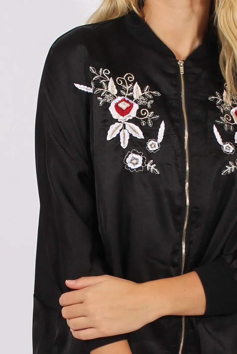 Black Satin Oversized Embroidered Jacket - North