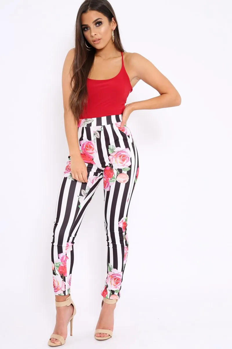 Black Stripe Floral Tapered Trousers - Jasmyn