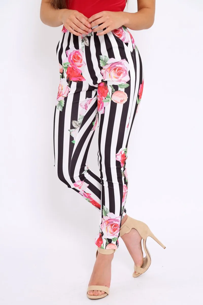 Black Stripe Floral Tapered Trousers - Jasmyn