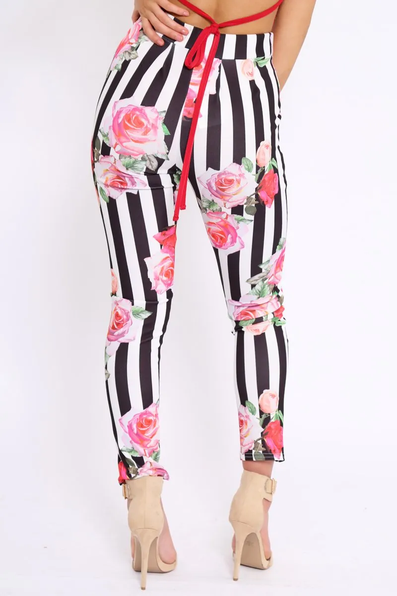 Black Stripe Floral Tapered Trousers - Jasmyn