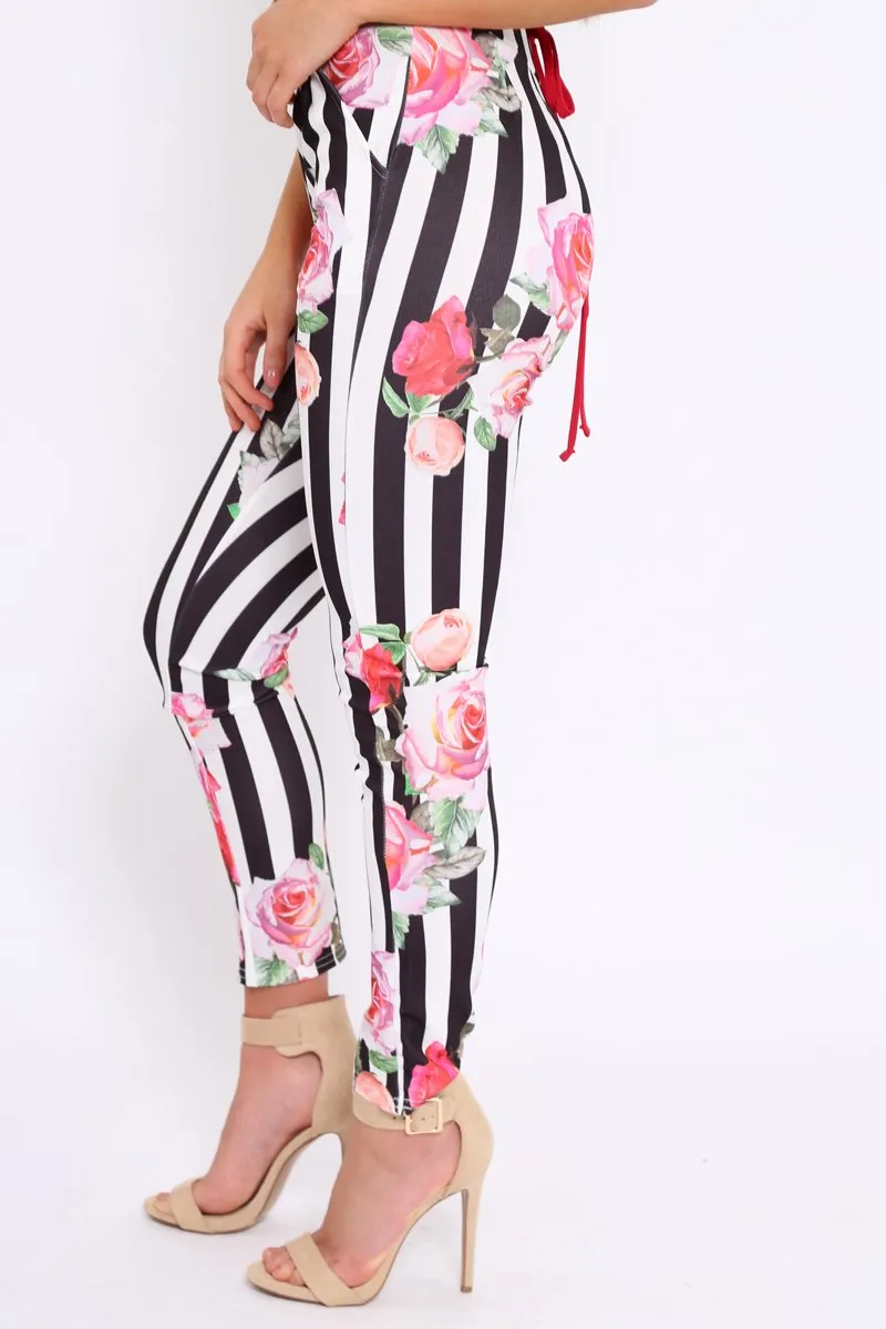 Black Stripe Floral Tapered Trousers - Jasmyn