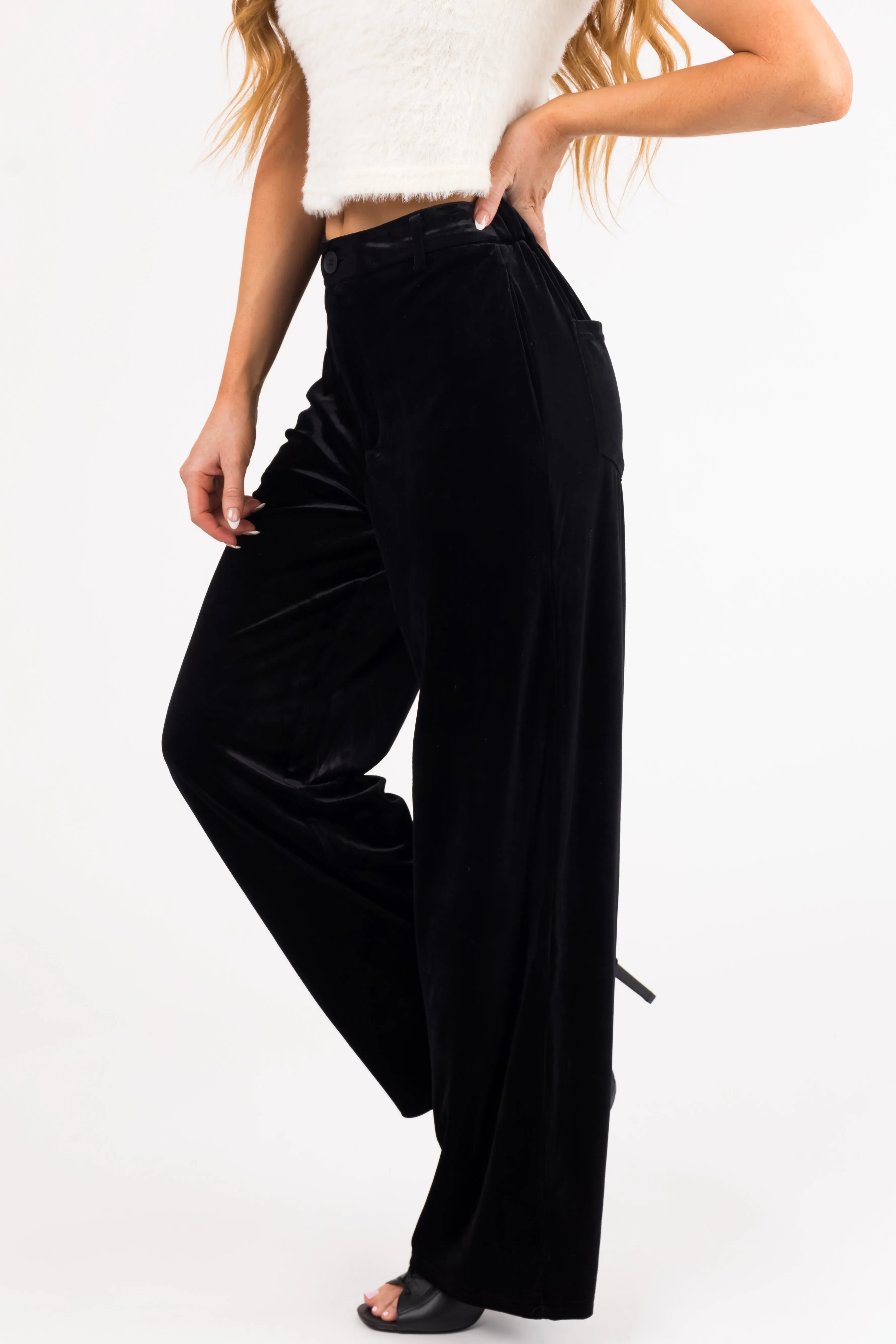 Black Velvet Wide Leg High Waisted Pants