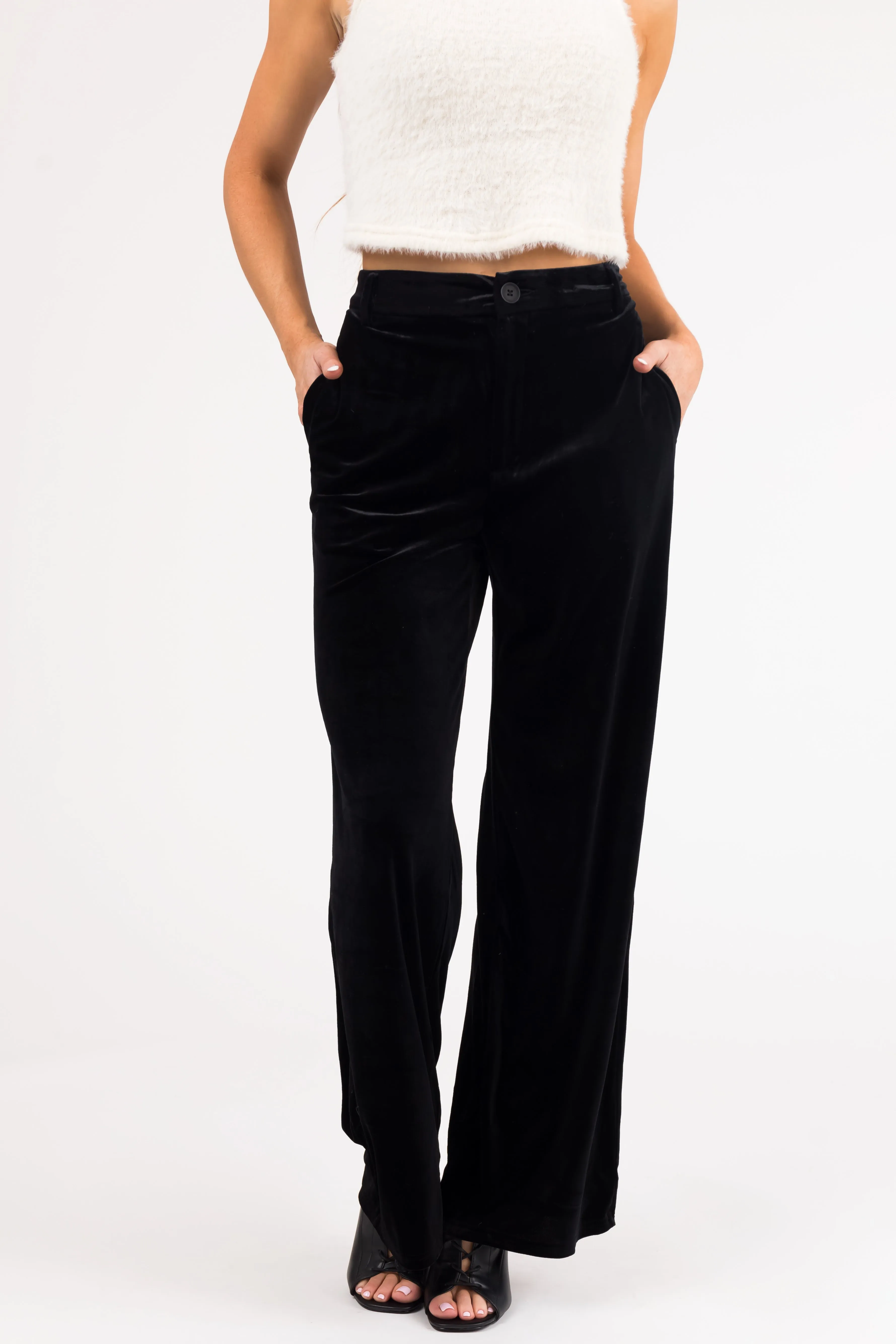 Black Velvet Wide Leg High Waisted Pants