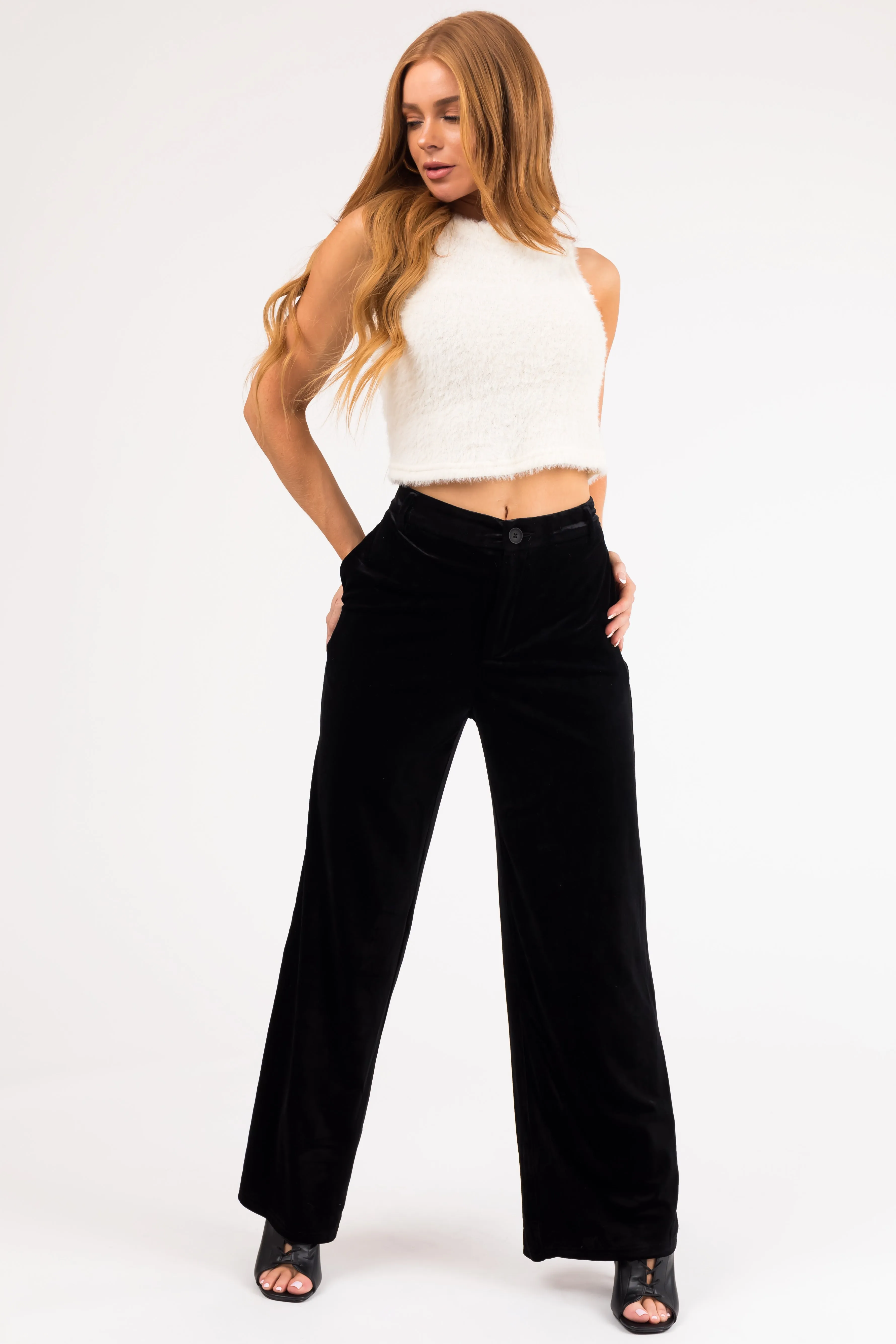 Black Velvet Wide Leg High Waisted Pants