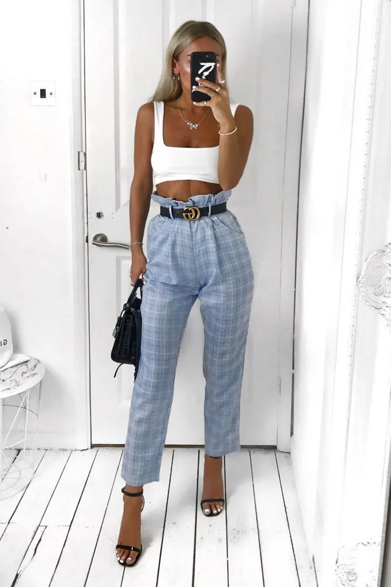 Blue Check Paper Bag Trousers - Irma