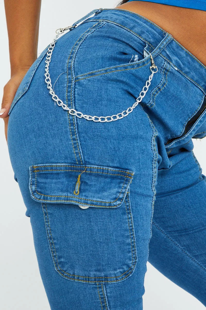 Blue Denim Look Chain Detail Stretch Cargo Trousers - Nellie