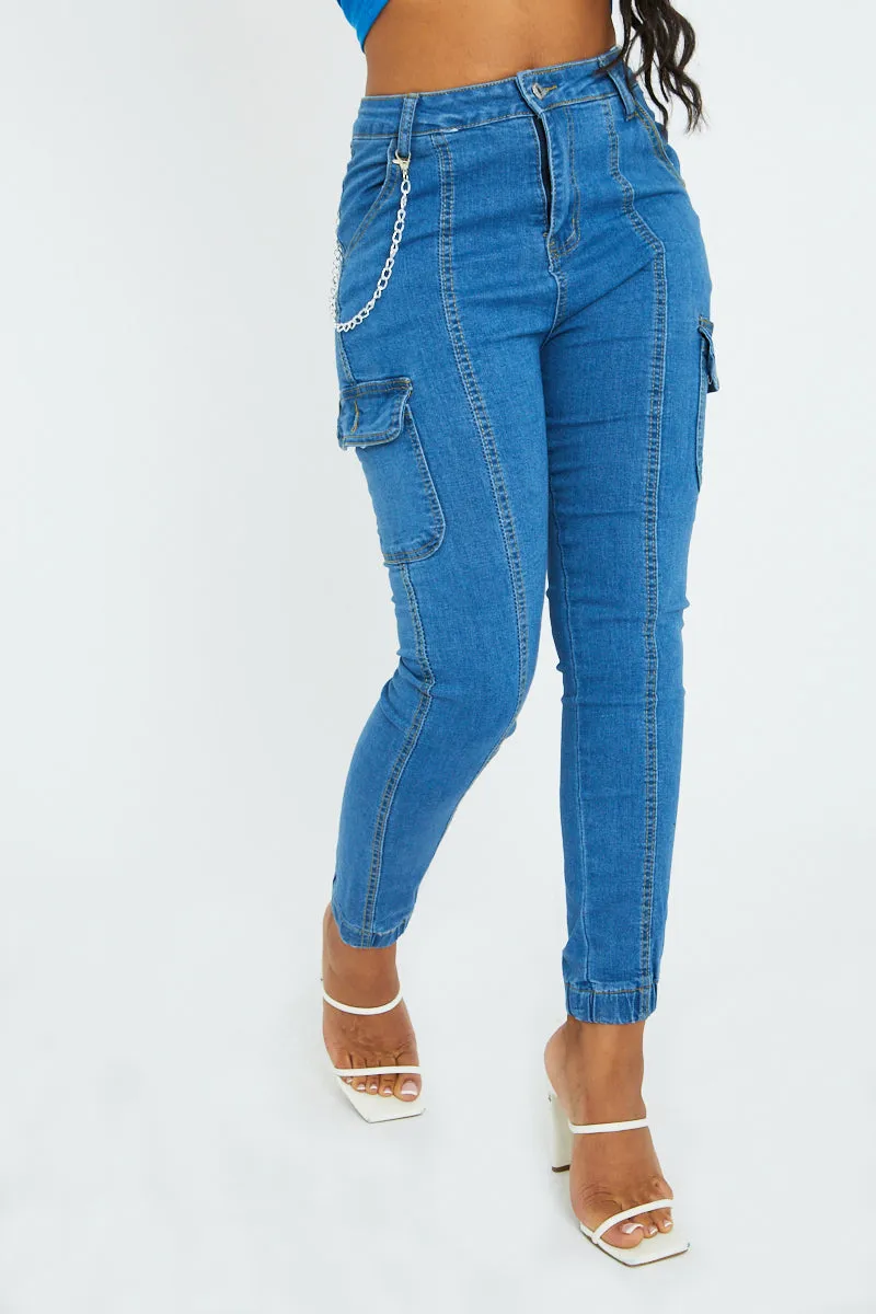 Blue Denim Look Chain Detail Stretch Cargo Trousers - Nellie