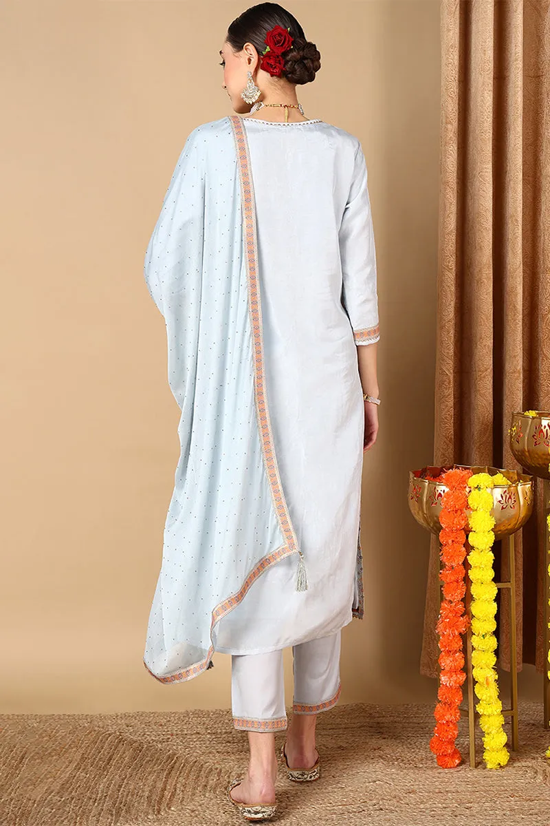 Blue Silk Blend Straight Woven Design Kurta Pant With Dupatta