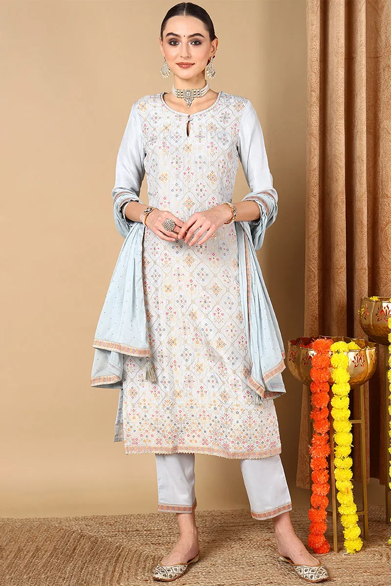 Blue Silk Blend Straight Woven Design Kurta Pant With Dupatta