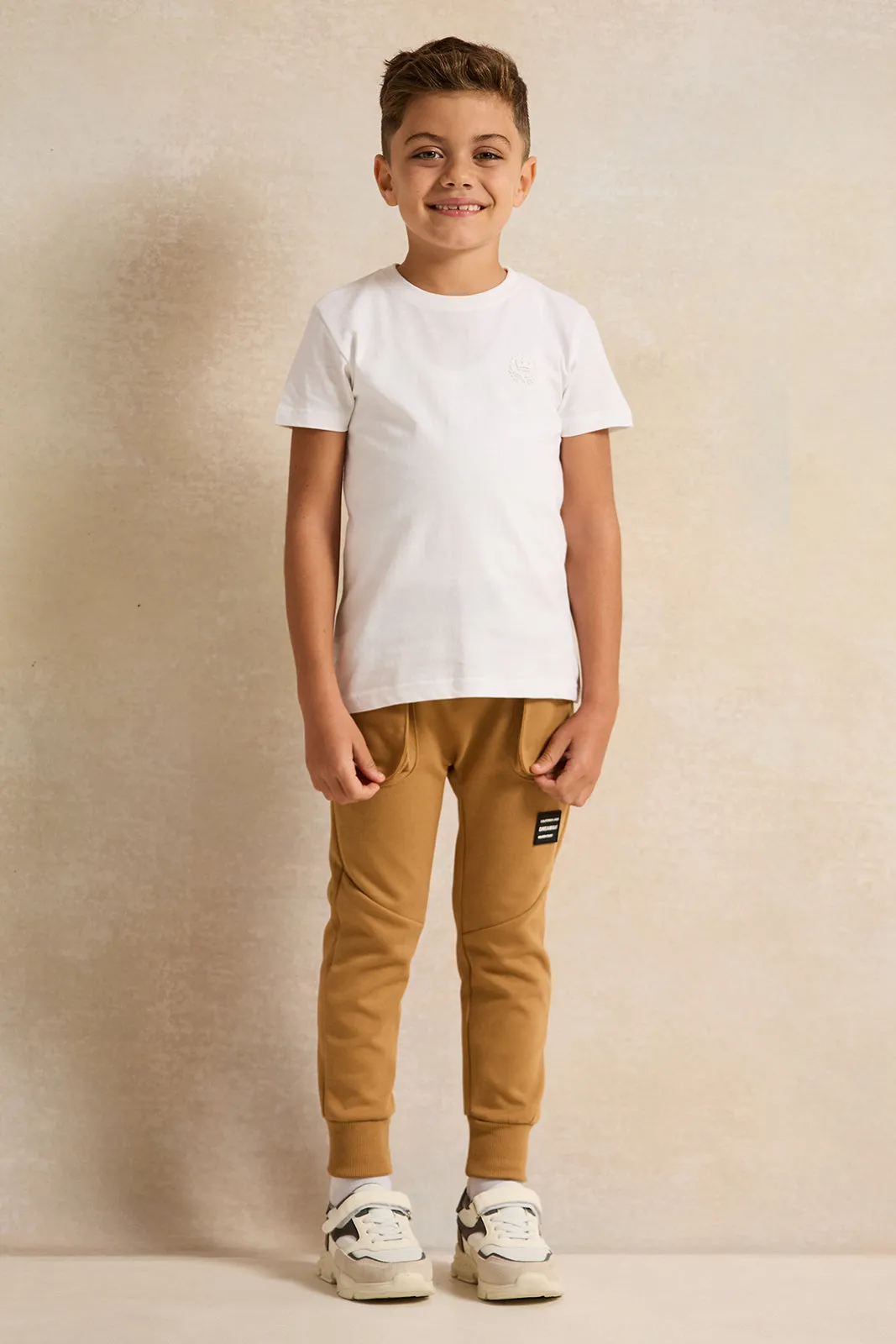 Boys Beige Zip Pocket Track Pants