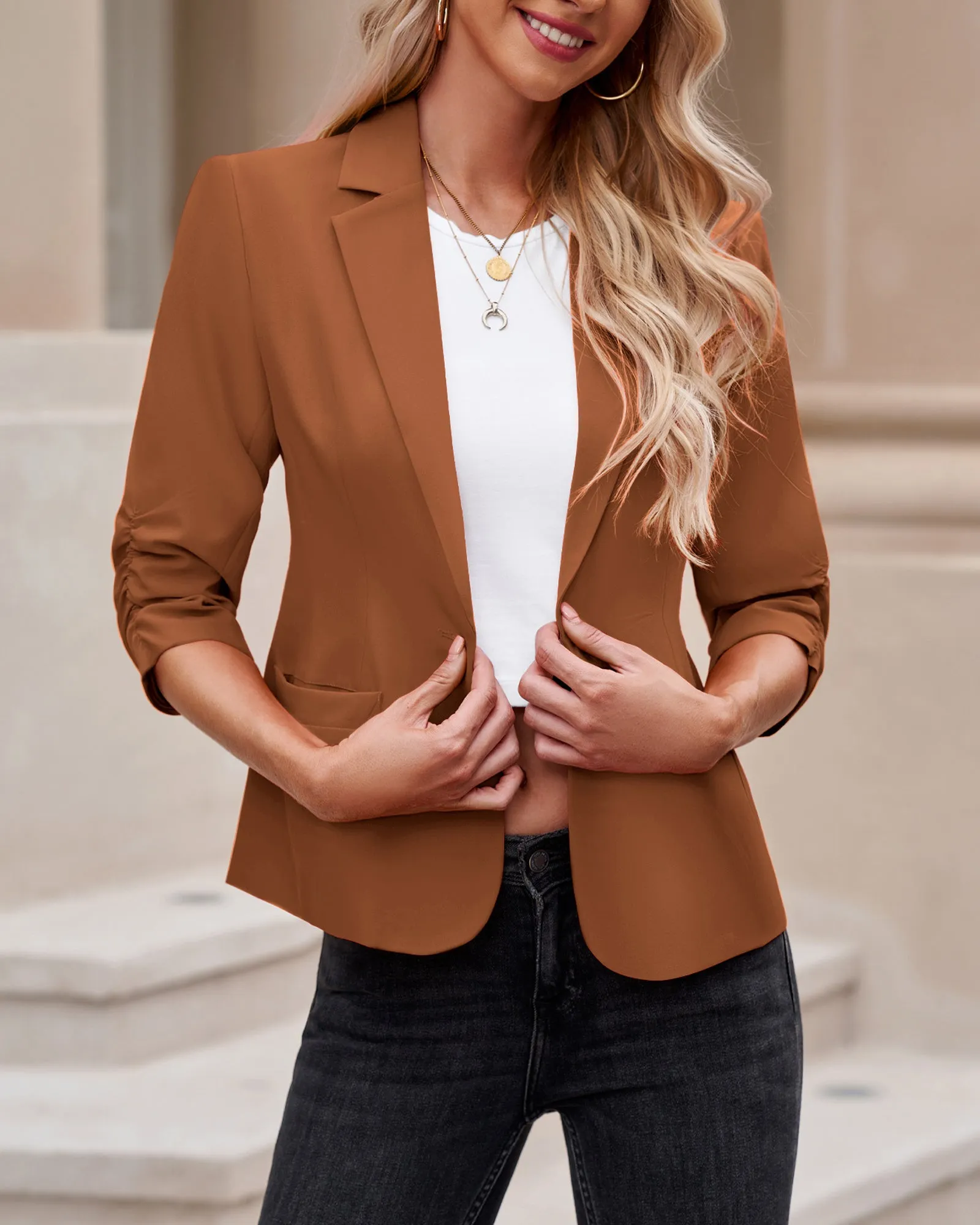 Brown Sugar Women's Crop Sleeves Side Pockets Front Button Short Work Office Blazer Coats