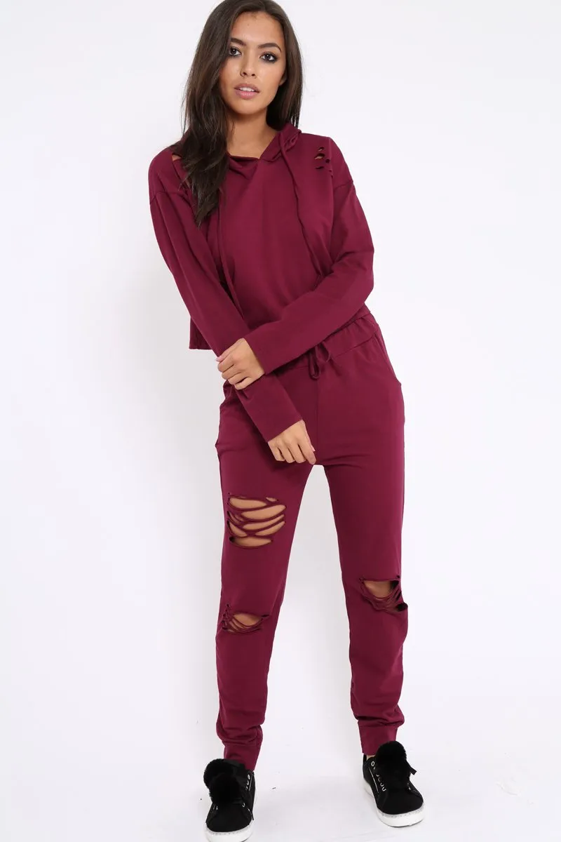 Burgundy Ripped Loungewear Set - Natalia