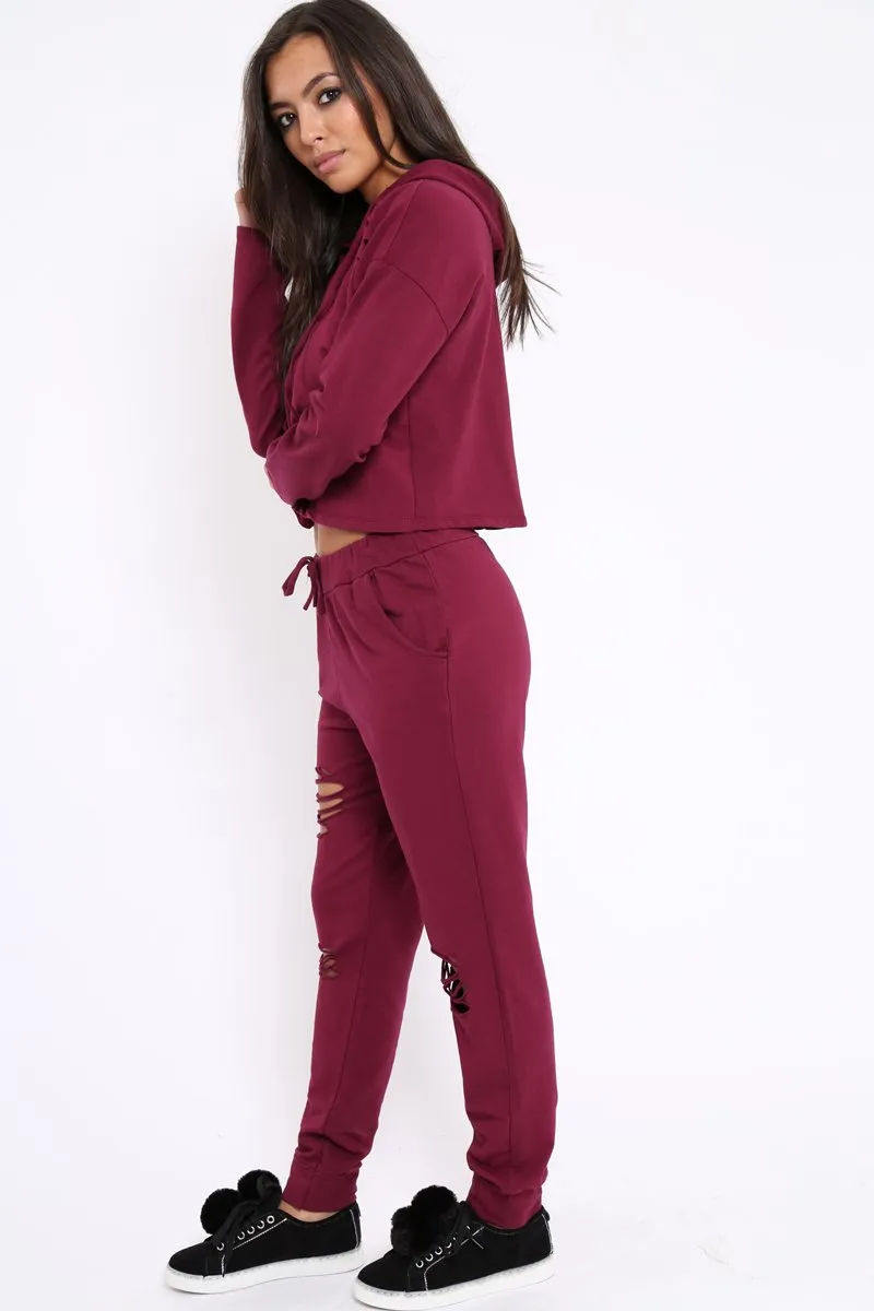 Burgundy Ripped Loungewear Set - Natalia