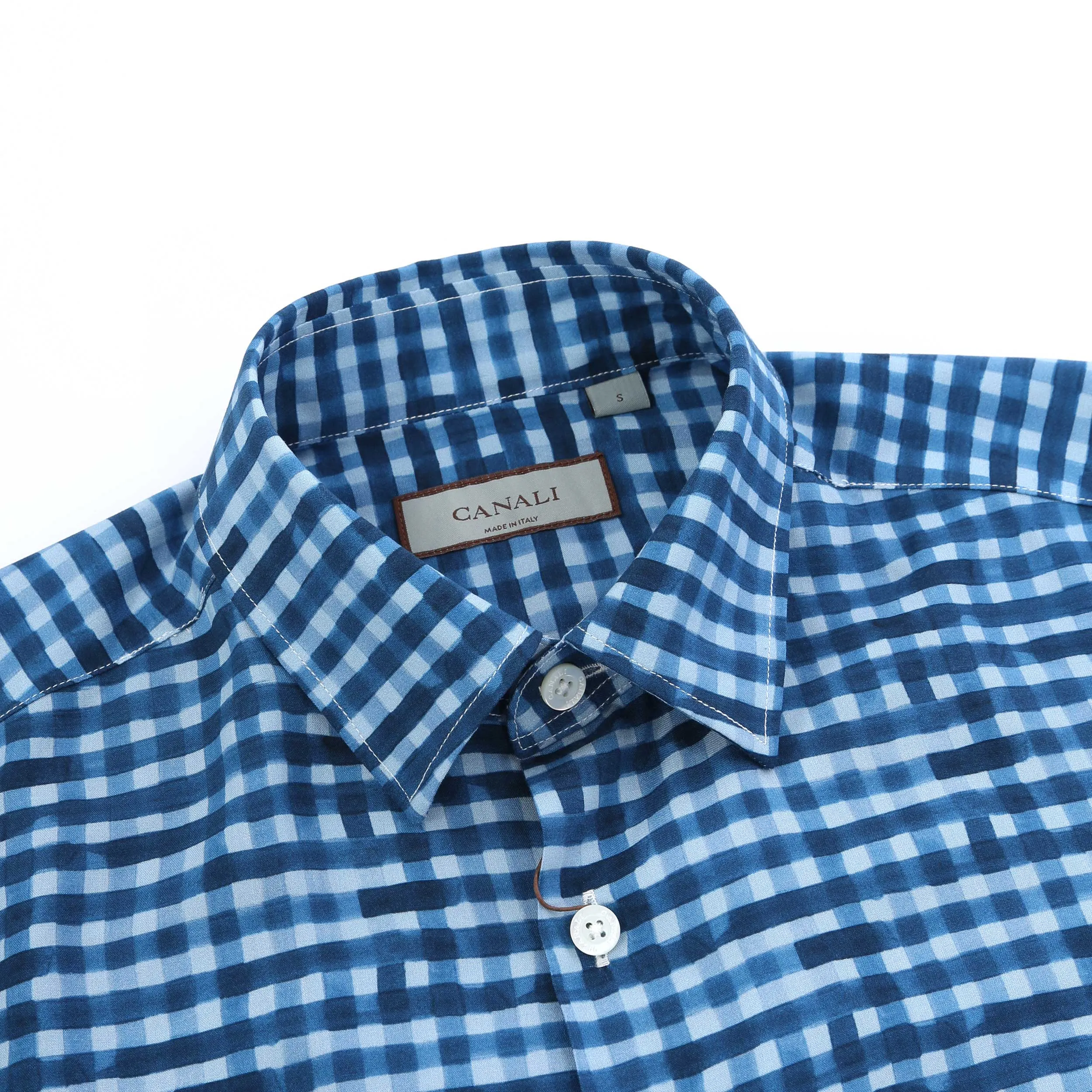 Canali Small Check Print SS Shirt in Blue Print