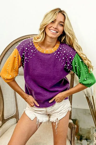 Color Block Pearl Detail Round Neck Sweater