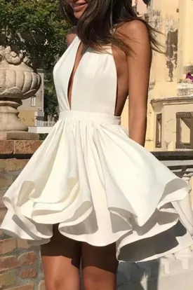 Cute Halter V Neck Backless Layered White Homecoming Dresses Short Prom Dresses White Formal Evening Graduation Dresses 2019