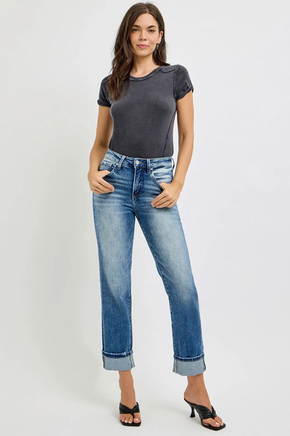 Full Size High Rise Crop Straight Roll Up Jeans