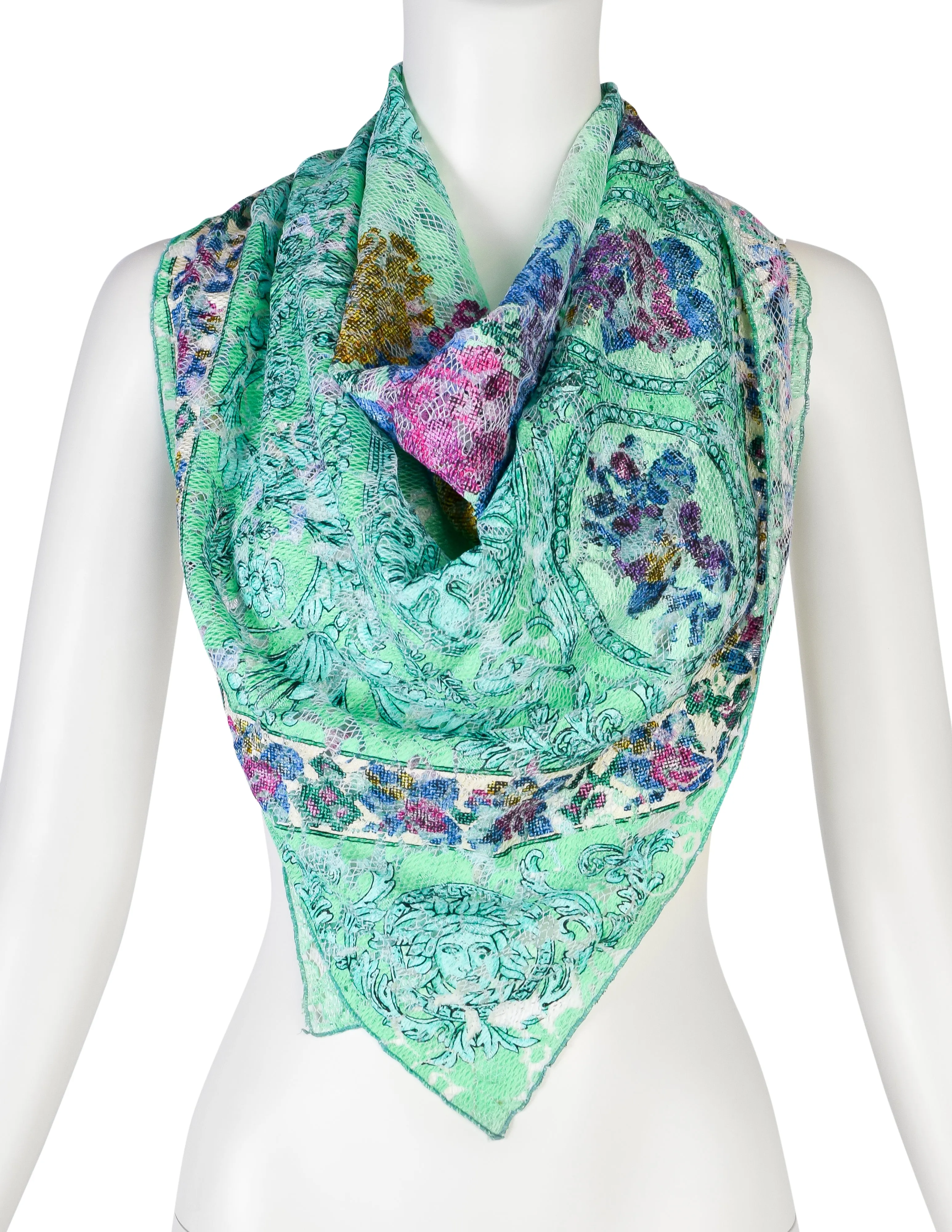 Gianni Versace Vintage Seafoam Green Degrade Baroque Floral Fishnet Lace Scarf