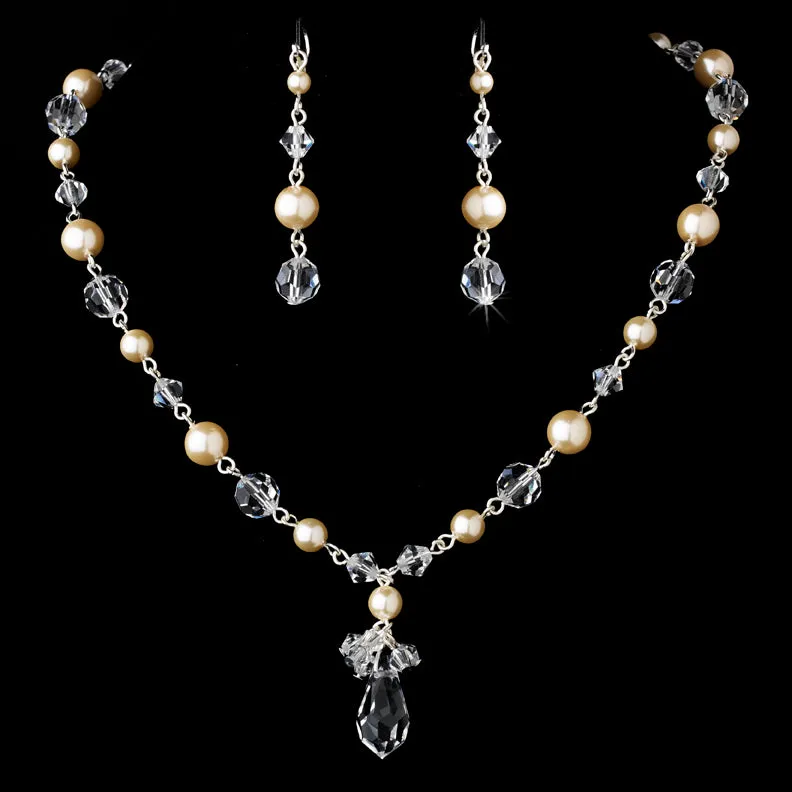 Gorgeous Bridal Pearl & Crystal Necklace Earring Set