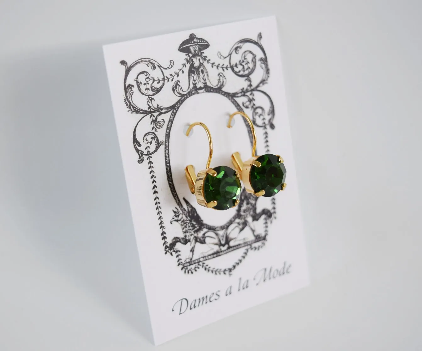 Green Tourmaline Sapphire Swarovski Crystal Earrings - Small Round