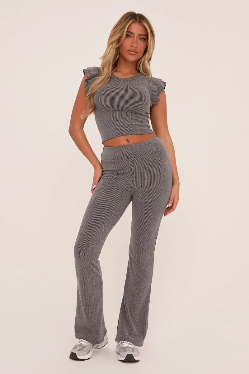 Grey Rib Knit Frill Detail Top & Trousers Co-ord Set - Vaneeza