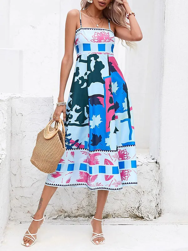 High Waisted Sleeveless Pleated Printed Split-Joint Collarless Midi Dresses Slip Dress