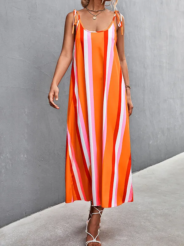 Loose Sleeveless Contrast Color Striped Tied U-Neck Midi Dresses Slip Dress