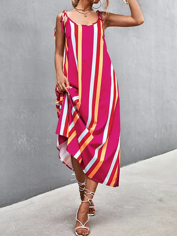 Loose Sleeveless Contrast Color Striped Tied U-Neck Midi Dresses Slip Dress