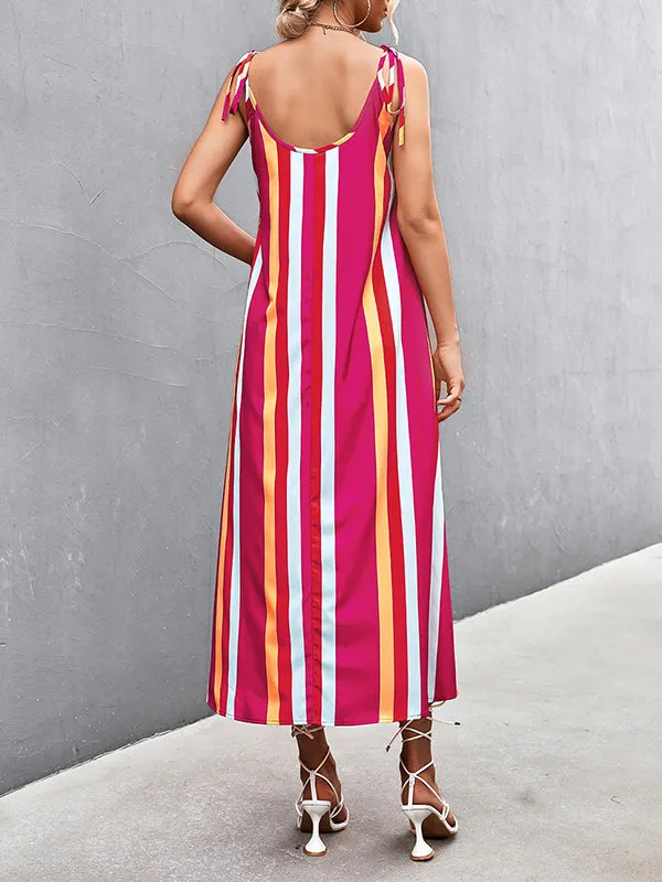 Loose Sleeveless Contrast Color Striped Tied U-Neck Midi Dresses Slip Dress