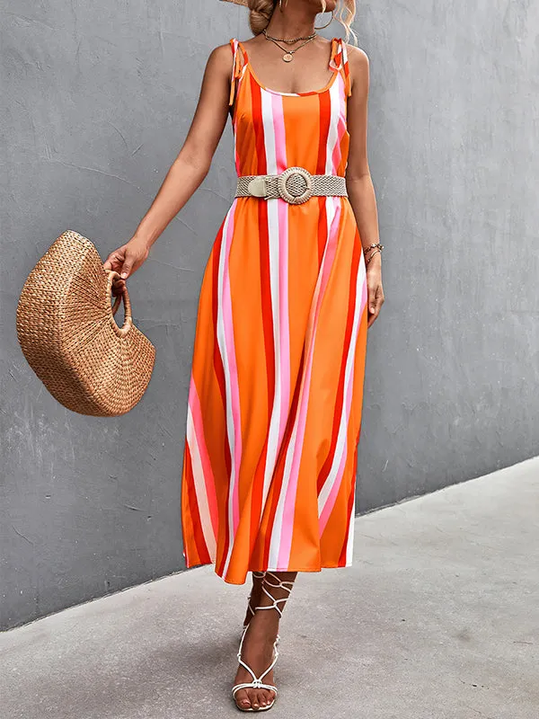 Loose Sleeveless Contrast Color Striped Tied U-Neck Midi Dresses Slip Dress