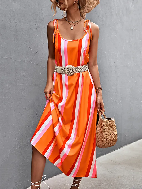 Loose Sleeveless Contrast Color Striped Tied U-Neck Midi Dresses Slip Dress