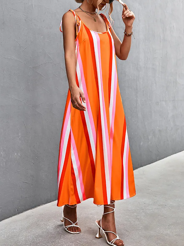 Loose Sleeveless Contrast Color Striped Tied U-Neck Midi Dresses Slip Dress