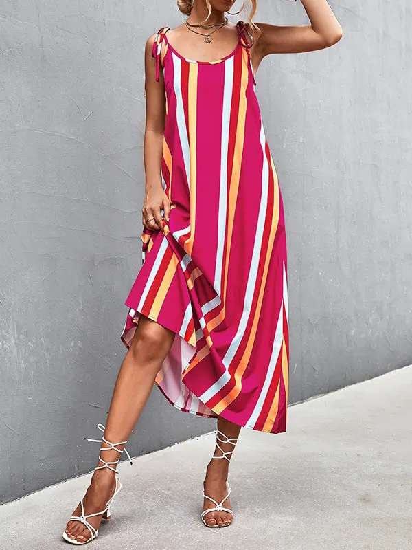 Loose Sleeveless Contrast Color Striped Tied U-Neck Midi Dresses Slip Dress