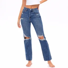 Medium Wash, Distressed High Waisted Jeans - The Tulip