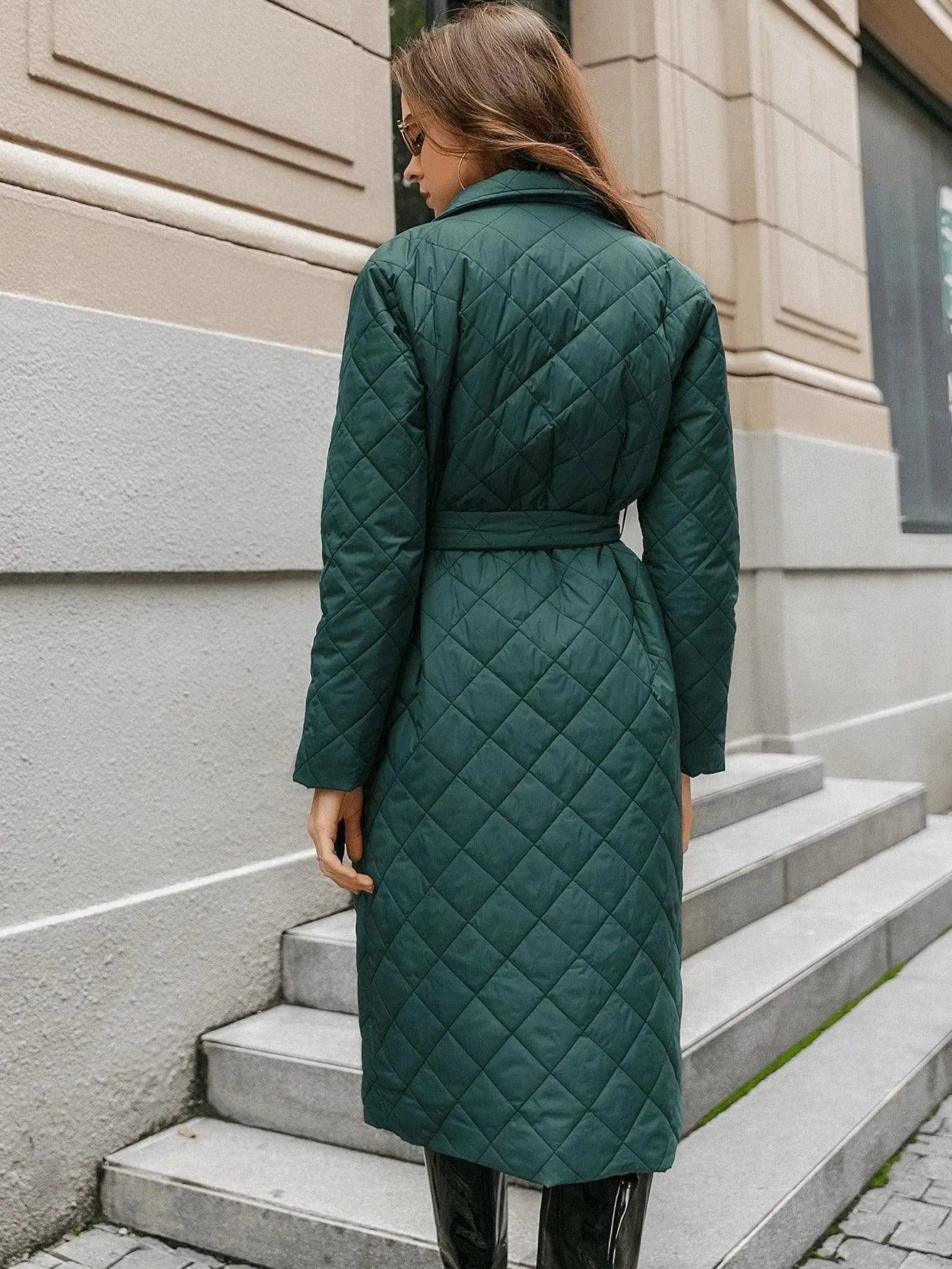 Open Front Patch Pocket Belted Quilted Padded Coat Dark Green