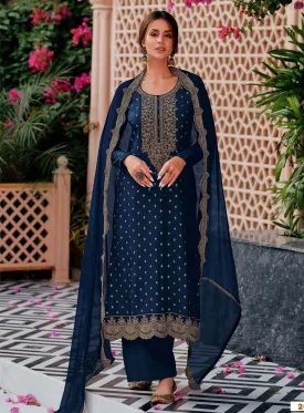 Party Wear Silk Woven Blue Unstitched Suit Material with Embroidery